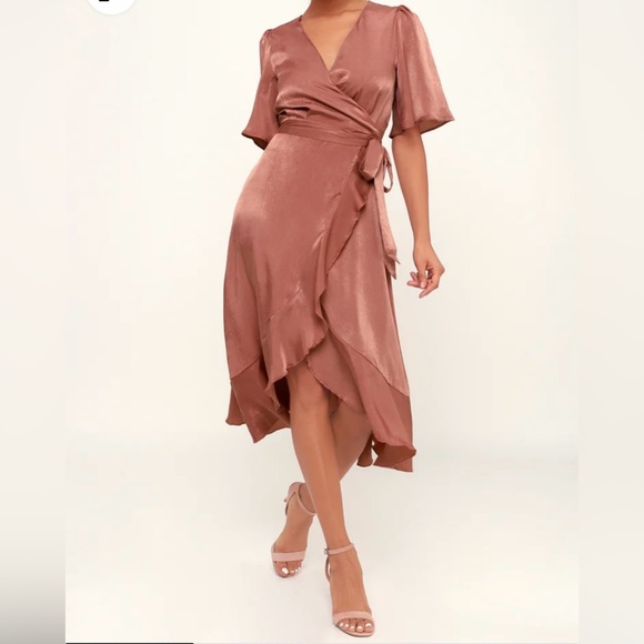 Mauve Satin Faux-Wrap Midi Dress - Picture 1 of 4